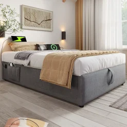 Lit 90x200 cm avec rangement hydraulique, tête de lit étagère en lin gris et ports USB-C, design contemporain