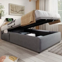 Lit 90x200 cm avec rangement hydraulique, tête de lit étagère en lin gris et ports USB-C, design contemporain