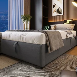 Lit 90x200 cm avec rangement hydraulique, tête de lit étagère en lin gris et ports USB-C, design contemporain