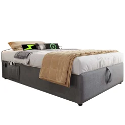 Lit 90x200 cm avec rangement hydraulique, tête de lit étagère en lin gris et ports USB-C, design contemporain