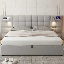 Lit 180x200 cm avec rangement hydraulique, tête rembourrée en lin gris, ports USB et charge sans fil