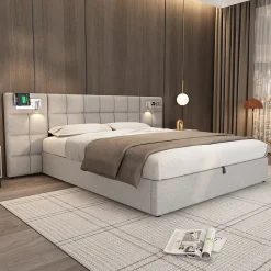 Lit 180x200 cm avec rangement hydraulique, tête rembourrée en lin gris, ports USB et charge sans fil