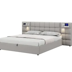 Lit 180x200 cm avec rangement hydraulique, tête rembourrée en lin gris, ports USB et charge sans fil