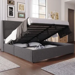 Lit 160x200 cm avec rangement hydraulique et tête de lit réglable, revêtement lin gris et cadre métal