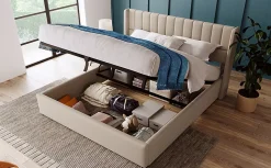 Lit 140x200 cm avec rangement hydraulique et tête de lit rembourrée en lin beige, design moderne et élégant