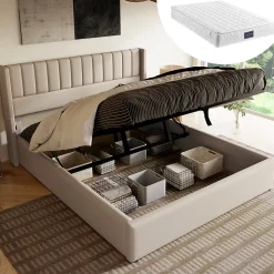Lit 160x200 cm avec rangement hydraulique, tête de lit rembourrée en lin beige et cadre métal robuste