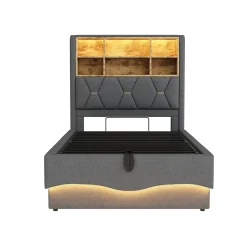 Lit 90x200 cm avec rangement hydraulique et éclairage LED pilotable, tête de lit avec port USB