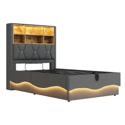 Lit 90x200 cm avec rangement hydraulique et éclairage LED pilotable, tête de lit avec port USB