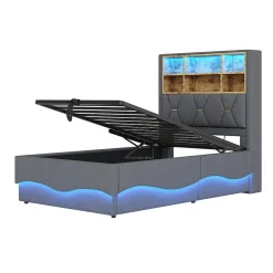 Lit 90x200 cm avec rangement hydraulique et éclairage LED pilotable, tête de lit avec port USB