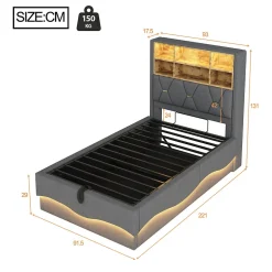 Lit 90x200 cm avec rangement hydraulique et éclairage LED pilotable, tête de lit avec port USB