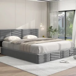 Lit 160x200 cm avec rangement hydraulique, tête de lit réglable et revêtement velours gris élégant
