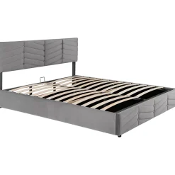 Lit 160x200 cm avec rangement hydraulique, tête de lit réglable et revêtement velours gris élégant