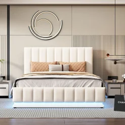 Lit 140x200 cm avec rangement hydraulique et éclairage LED, tapissé similicuir blanc, tête de lit réglable