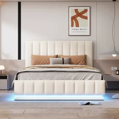 Lit 140x200 cm avec rangement hydraulique et éclairage LED, tapissé similicuir blanc, tête de lit réglable