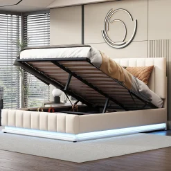 Lit 140x200 cm avec rangement hydraulique et éclairage LED, tapissé similicuir blanc, tête de lit réglable