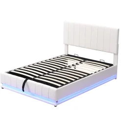Lit 140x200 cm avec rangement hydraulique et éclairage LED, tapissé similicuir blanc, tête de lit réglable