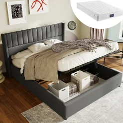 Lit 140x200 cm avec rangement hydraulique, tête de lit rembourrée en lin gris et cadre bois-métal élégant