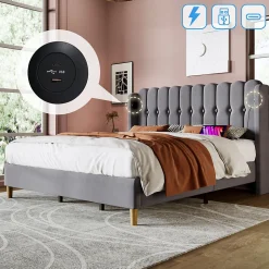 Lit 180x200 cm avec rangement integre et tete de lit tapissee en lin gris, station de charge USB et Type C