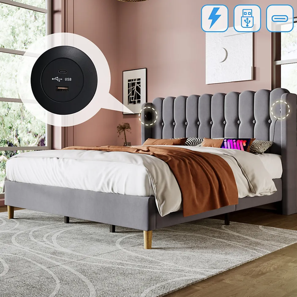 Lit 180x200 cm avec rangement integre et tete de lit tapissee en lin gris, station de charge USB et Type C