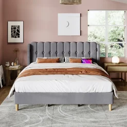 Lit 180x200 cm avec rangement integre et tete de lit tapissee en lin gris, station de charge USB et Type C