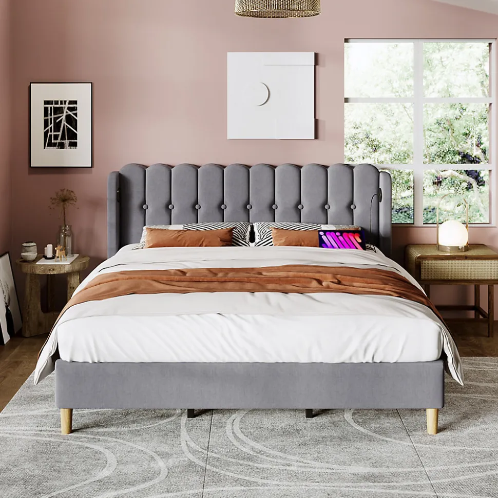 Lit 180x200 cm avec rangement integre et tete de lit tapissee en lin gris, station de charge USB et Type C