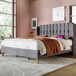 Lit 180x200 cm avec rangement integre et tete de lit tapissee en lin gris, station de charge USB et Type C