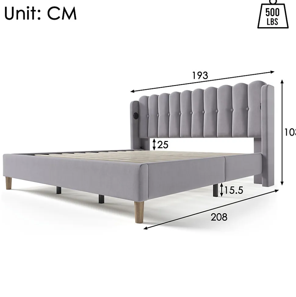 Lit 180x200 cm avec rangement integre et tete de lit tapissee en lin gris, station de charge USB et Type C