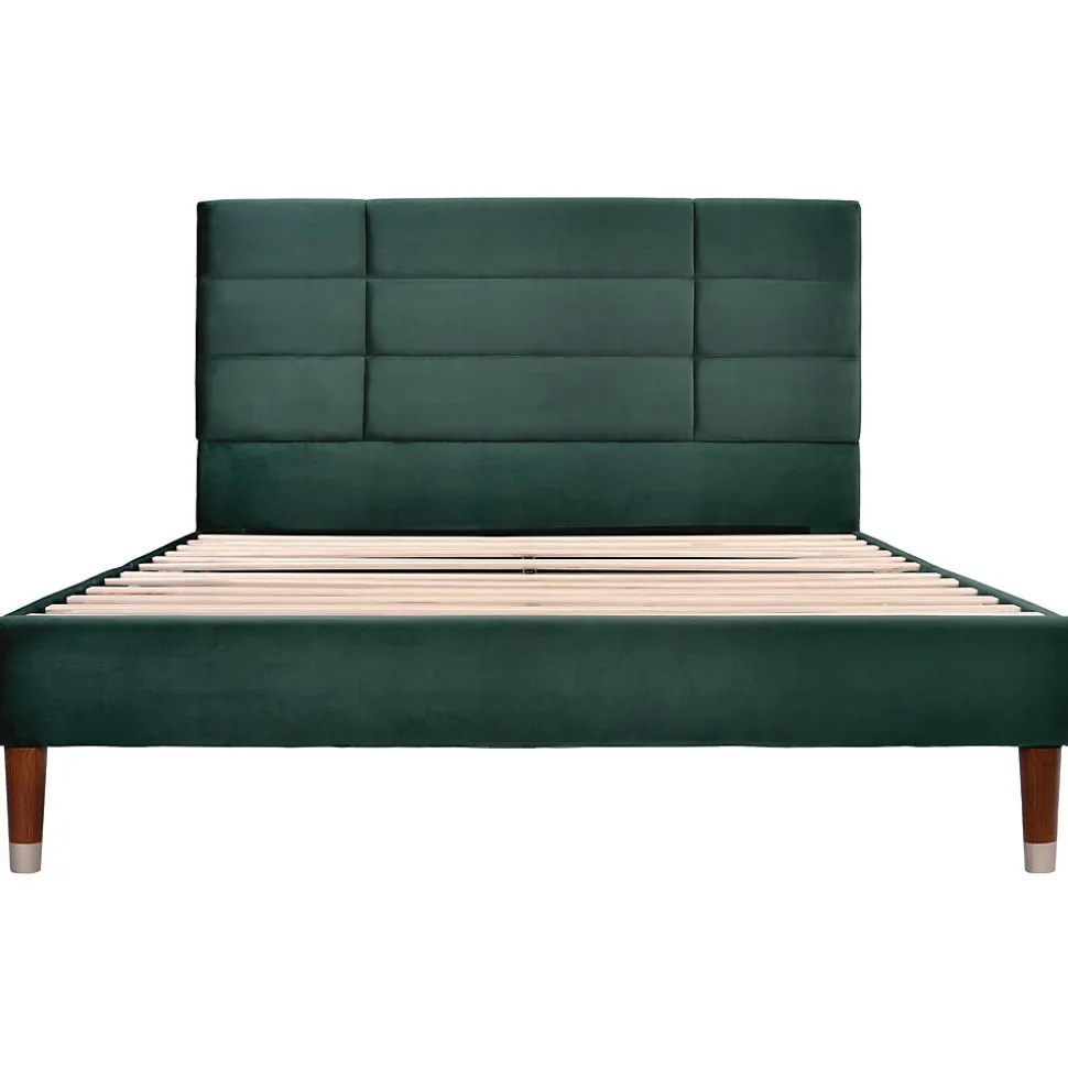 Lit 140x200 cm avec rangement sous-lit et tête de lit capitonnée en velours vert, cadre bois massif