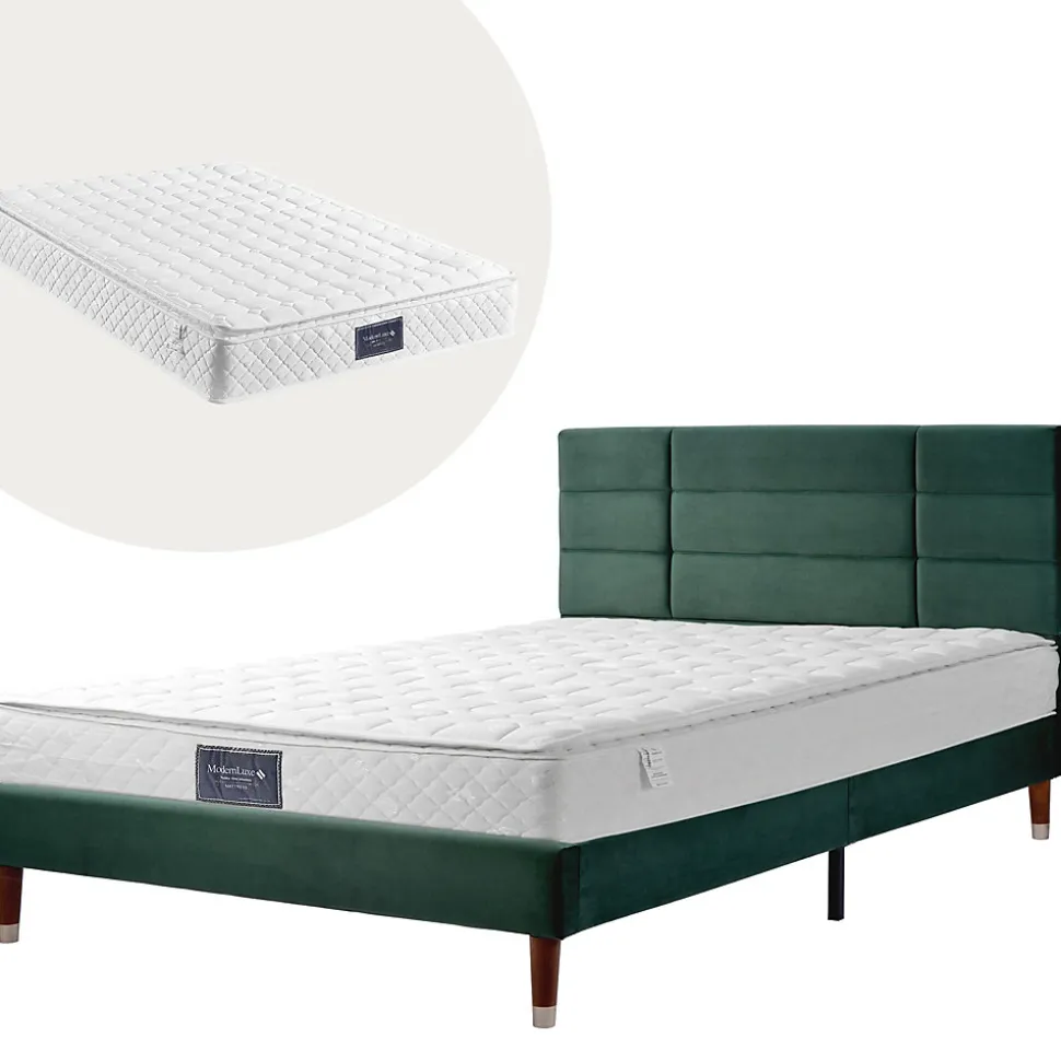 Lit 140x200 cm avec rangement sous-lit et tête de lit capitonnée en velours vert, cadre bois massif