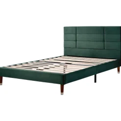 Lit 140x200 cm avec rangement sous-lit et tête de lit capitonnée en velours vert, cadre bois massif