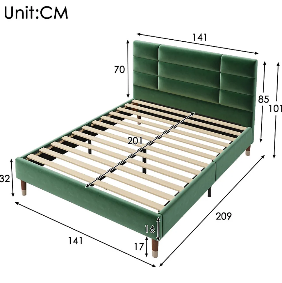 Lit 140x200 cm avec rangement sous-lit et tête de lit capitonnée en velours vert, cadre bois massif