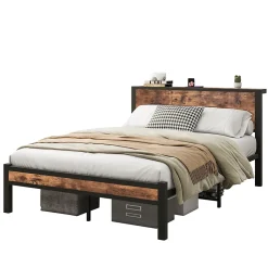 Lit 140x200 cm avec rangement sous-lit 27 cm, cadre métal et MDF, coloris brun antique, silencieux