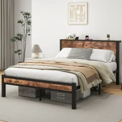 Lit 140x200 cm avec rangement sous-lit 27 cm, cadre métal et MDF, coloris brun antique, silencieux