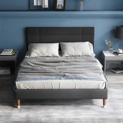 Lit 140x200 cm avec rangement sous-lit et tête de lit rembourrée en lin gris, cadre bois massif