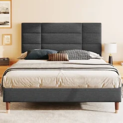 Lit 140x200 cm avec rangement sous-lit et tête de lit rembourrée en lin gris, cadre bois massif