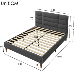 Lit 140x200 cm avec rangement sous-lit et tête de lit rembourrée en lin gris, cadre bois massif