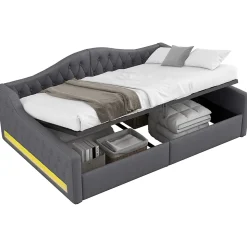 Lit 140x200 cm avec rangement sous le cadre et éclairage LED, tapissé lin gris, cadre bois robuste