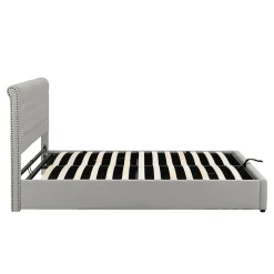 Lit 140x190 cm avec rangement (sommier inclus) et tête de lit rembourrée en lin gris minimaliste européen