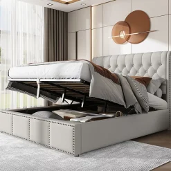 Lit 140x190 cm avec rangement (sommier inclus) et tête de lit rembourrée en lin gris minimaliste européen