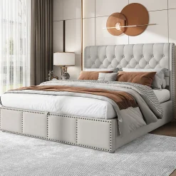 Lit 140x190 cm avec rangement (sommier inclus) et tête de lit rembourrée en lin gris minimaliste européen