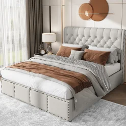 Lit 140x190 cm avec rangement (sommier inclus) et tête de lit rembourrée en lin gris minimaliste européen