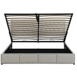 Lit 140x190 cm avec rangement (sommier inclus) et tête de lit rembourrée en lin gris minimaliste européen