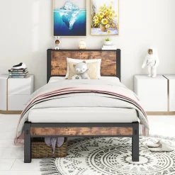 Lit 90x200 cm avec rangement sous cadre et tête de lit en MDF, structure métal brun antique