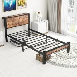 Lit 90x200 cm avec rangement sous cadre et tête de lit en MDF, structure métal brun antique