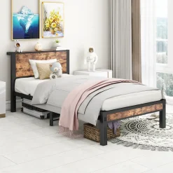 Lit 90x200 cm avec rangement sous cadre et tête de lit en MDF, structure métal brun antique