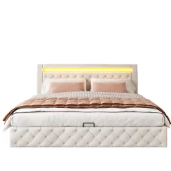 Lit 180x200 cm avec rangement sous sommier et tête de lit rembourrée en PU, design moderne et élégant