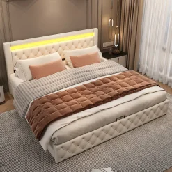 Lit 180x200 cm avec rangement sous sommier et tête de lit rembourrée en PU, design moderne et élégant