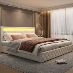 Lit 180x200 cm avec rangement sous sommier et tête de lit rembourrée en PU, design moderne et élégant