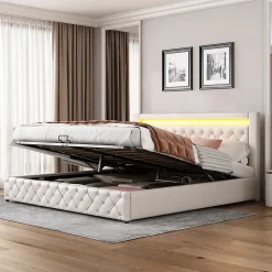 Lit 180x200 cm avec rangement sous sommier et tête de lit rembourrée en PU, design moderne et élégant