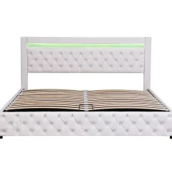 Lit 180x200 cm avec rangement sous sommier et tête de lit rembourrée en PU, design moderne et élégant